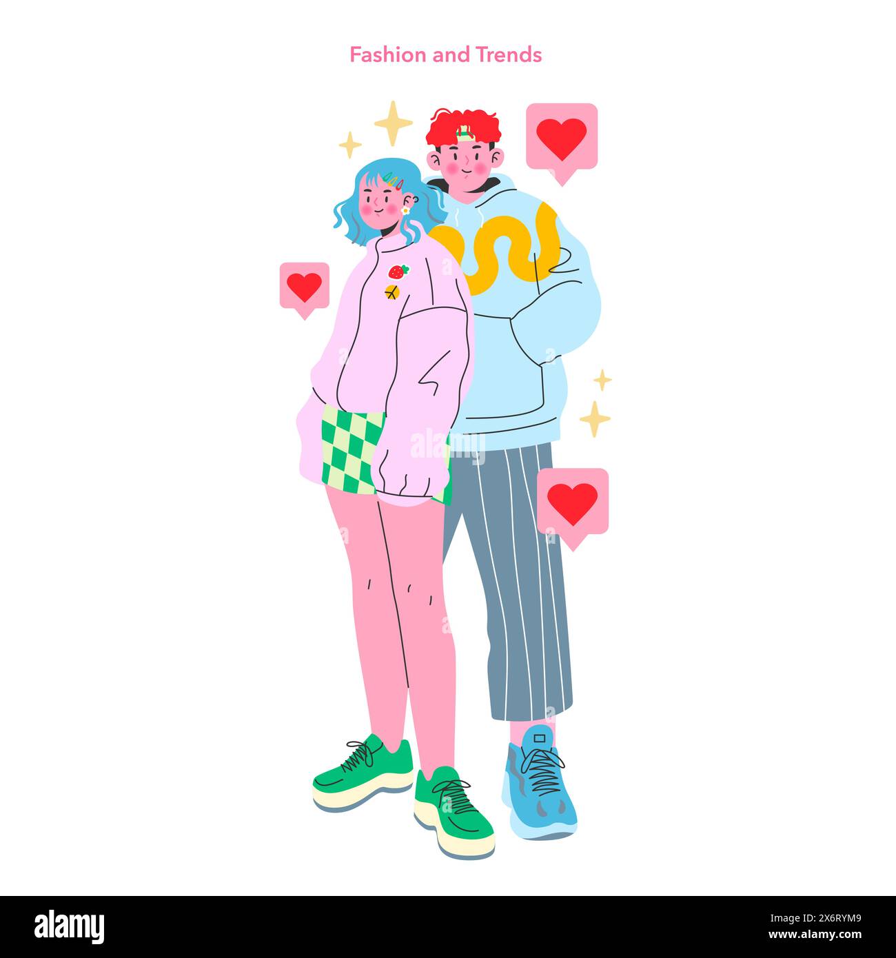 Ensemble tendances de la mode pour adolescents. Paire jeune dans une tenue tendance, exprimant l'identité et le style en toute confiance. Mode avant-gardiste, culture jeunesse contemporaine, connexion affectueuse. Illustration vectorielle. Illustration de Vecteur