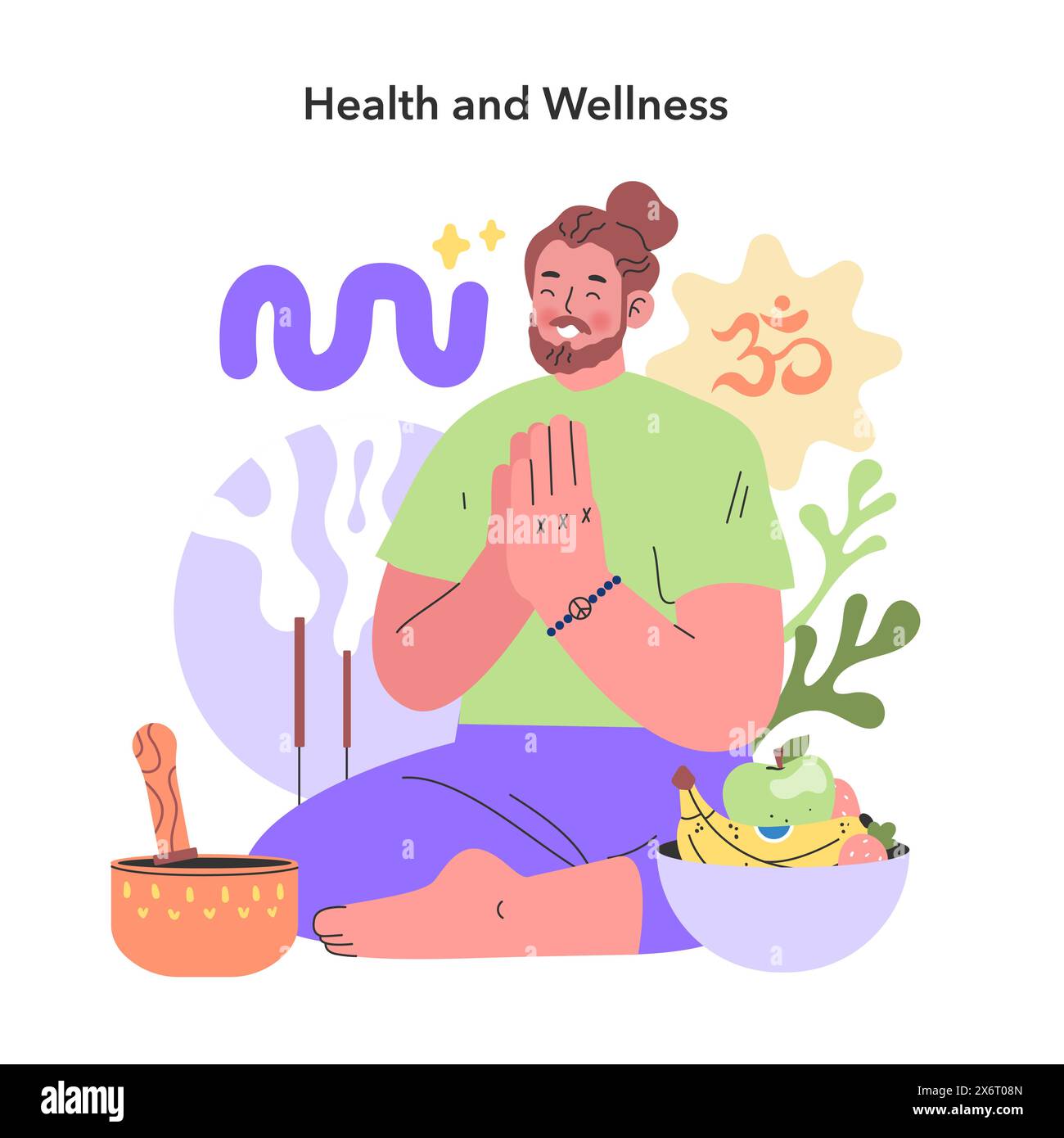 Thème santé et bien-être. Un individu serein pratique le yoga, entouré de symboles de paix et d'une alimentation équilibrée, reflétant une approche holistique du bien-être. Illustration vectorielle. Illustration de Vecteur