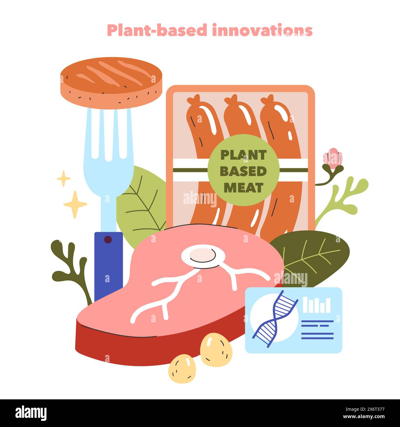 Concept d'ingrédients émergents. Innovation dans les substituts de viande à base de plantes soulignée avec des éléments scientifiques et naturels. Évolution de la technologie alimentaire. Illustration vectorielle. Illustration de Vecteur