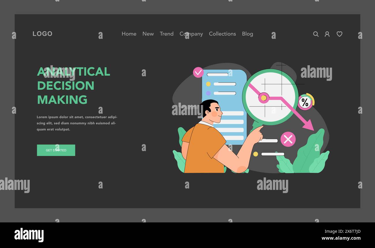 Concept de prise de décision analytique. Focused Individual scrute les données à l'aide d'une loupe. Approche de résolution de problèmes orientée vers le détail. Faire un choix basé sur l'analyse. Illustration vectorielle plate Illustration de Vecteur