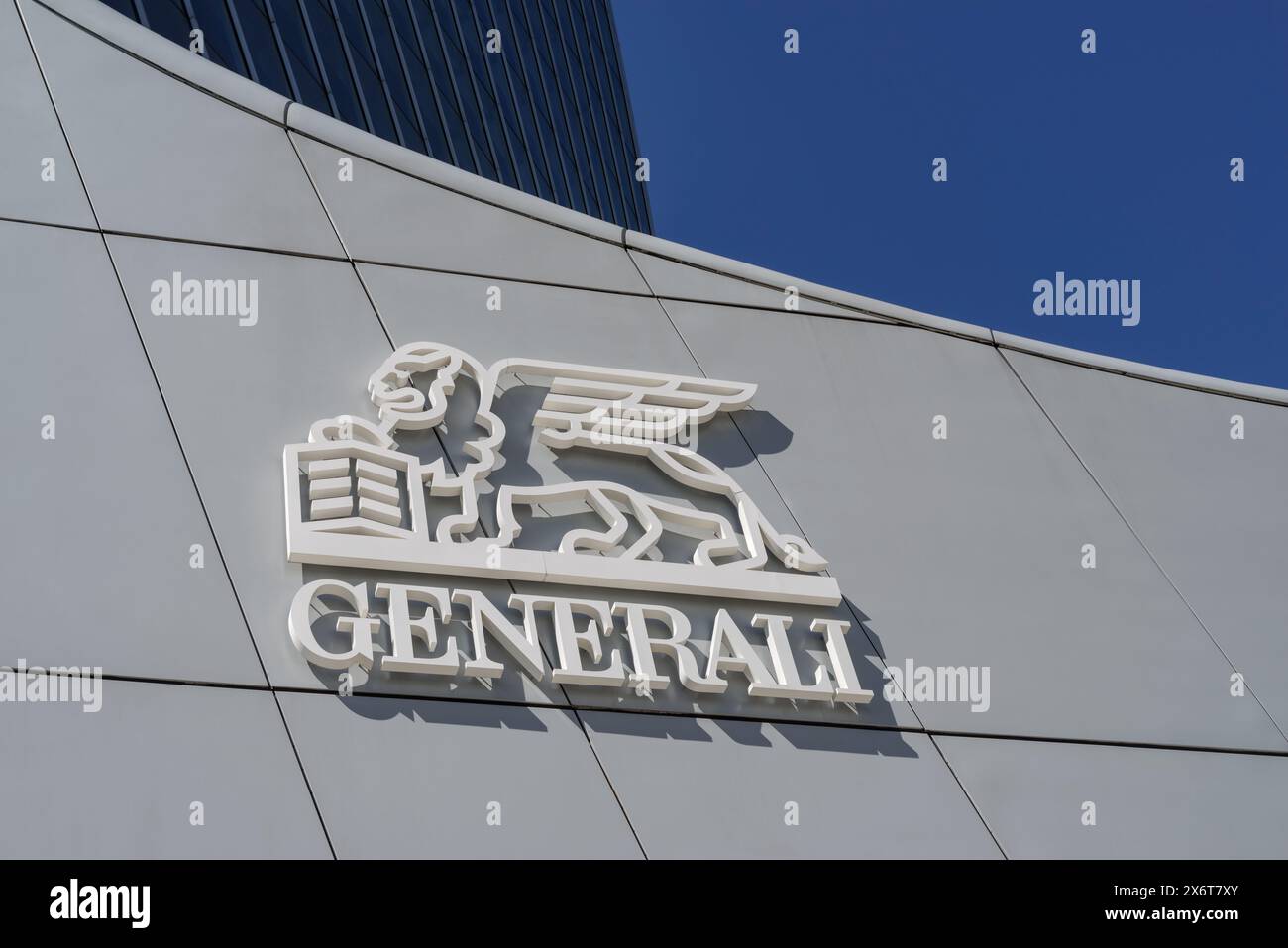 Logo de la compagnie d'assurance italienne Assicurazioni Generali à l'entrée des bureaux du Groupe Generali à Milan Banque D'Images