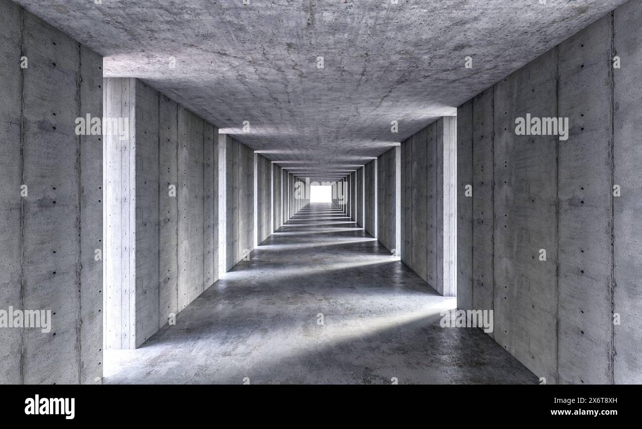 Vue abstraite architecture de tunnel à point de fuite de couloir en béton symétrique Banque D'Images