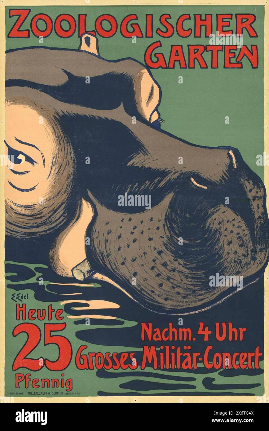 Affiche vintage publicité pour le zoo de Berlin, Zoologischer Garten, annonçant un grand concert militaire . Avec un hippopotame, par Edmund Edel vers 1903 Banque D'Images