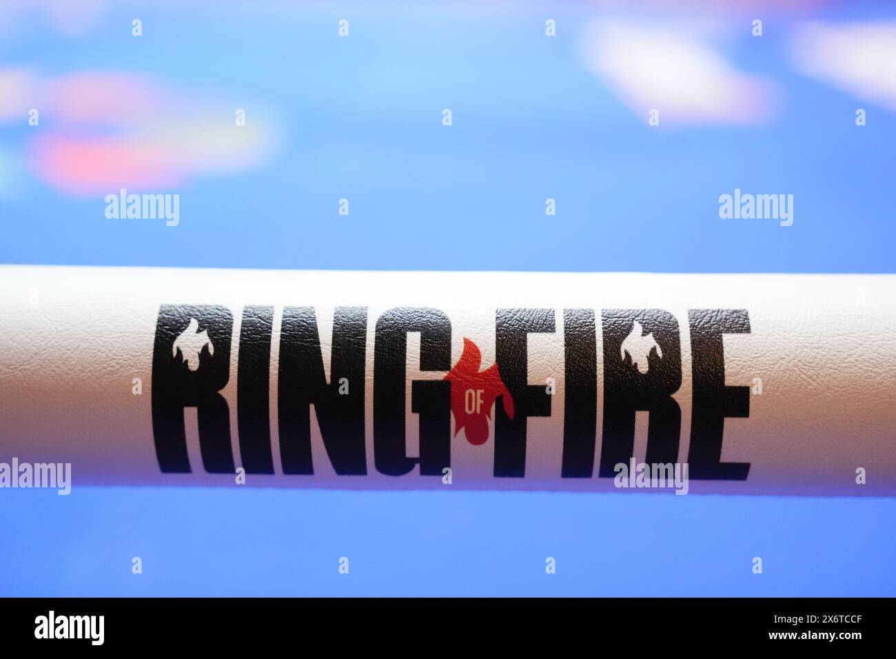 Photo inédite datée du 15/5/2024 de la marque « Ring of Fire » sur le ring lors d'un entraînement ouvert au Boulevard City Music World, Riyad, Arabie Saoudite. Le combat pour le titre des poids lourds IBF, WBA, WBC et WBO entre Tyson Fury et Oleksandr Usyk aura lieu le samedi 18 mai. Date de la photo : mercredi 15 mai 2024. Banque D'Images