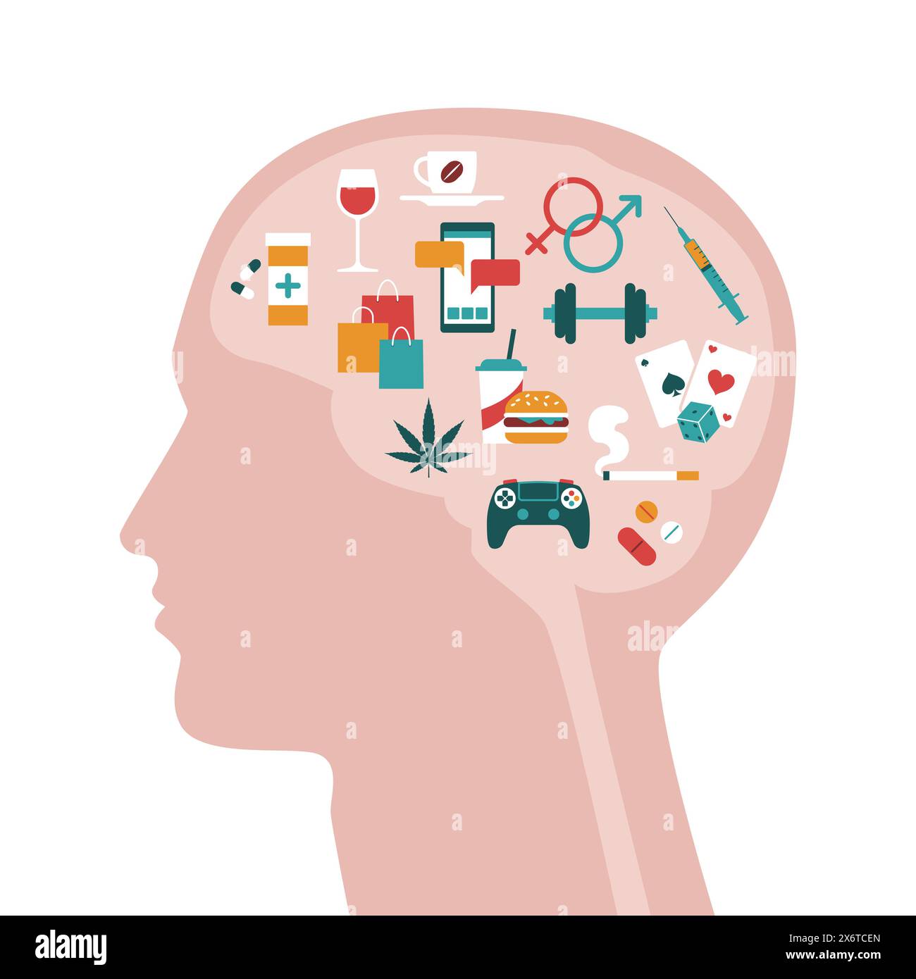 Section de tête humaine et icônes de types de dépendance : concept de trouble mental Illustration de Vecteur