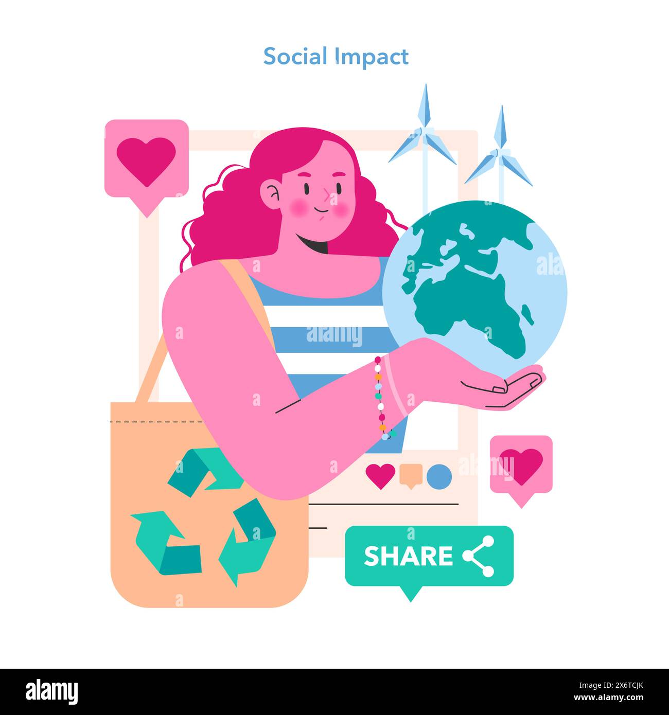 Concept d'impact social. Une femme s’engage auprès d’un public numérique sur la durabilité, en utilisant des plateformes pour promouvoir la protection de l’environnement. Green Living, plaidoyer sur les médias sociaux. Illustration vectorielle. Illustration de Vecteur