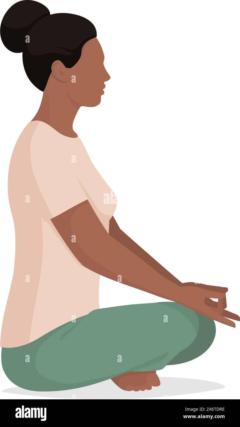 Femme détendue assise et pratiquant la méditation, vue de profil, isolée Illustration de Vecteur