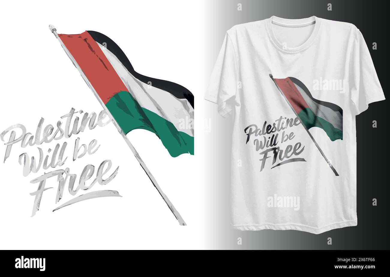 Un design d'un t-shirt blanc avec le drapeau de la Palestine qui dit "la Palestine sera libre" Illustration de Vecteur