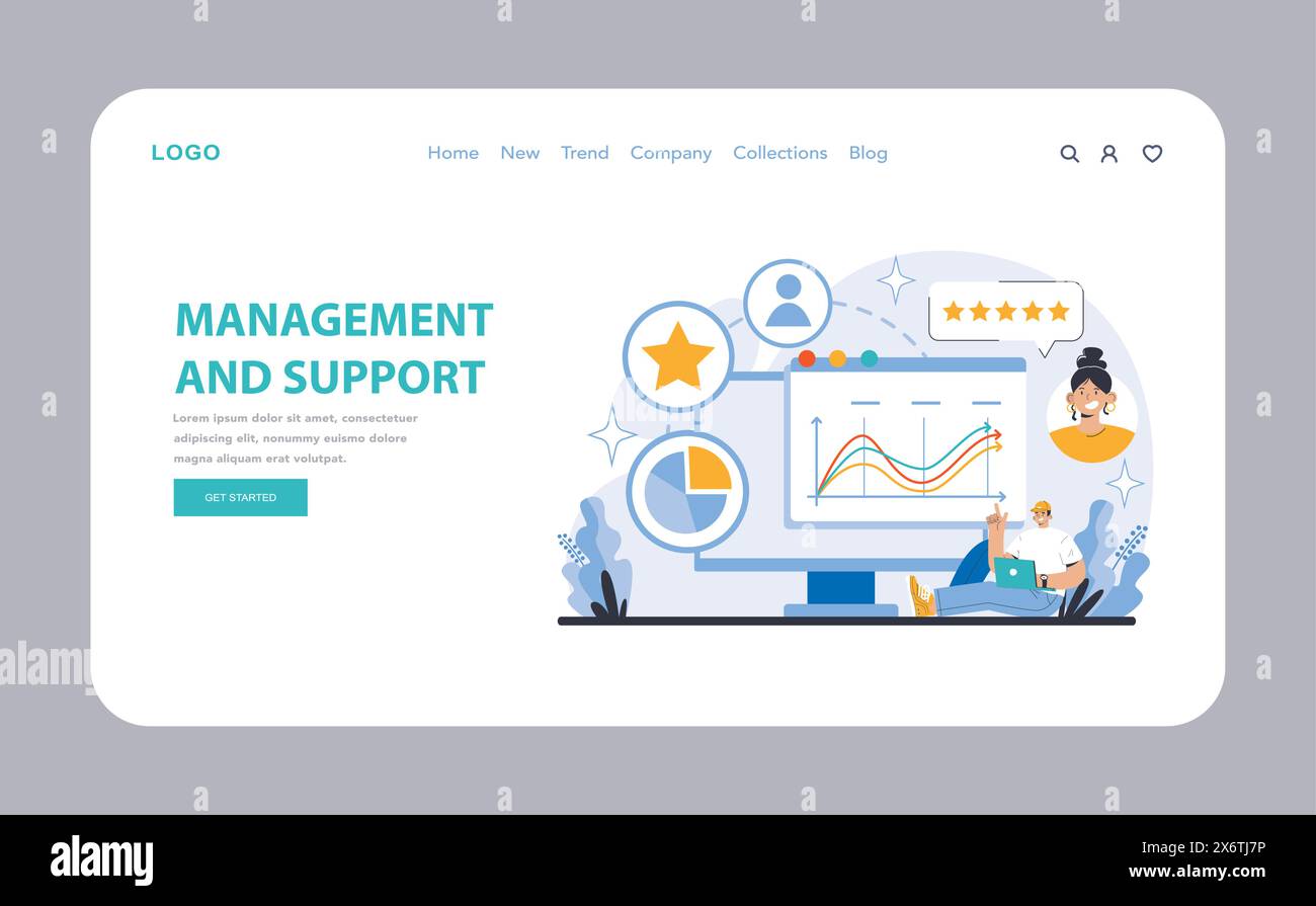 Gestion et support Web ou page d'accueil. Visualisation efficace des processus opérationnels en mettant l'accent sur la satisfaction des utilisateurs et les analyses. Indicateurs de performance clés et service à la clientèle mis en évidence. Illustration de Vecteur