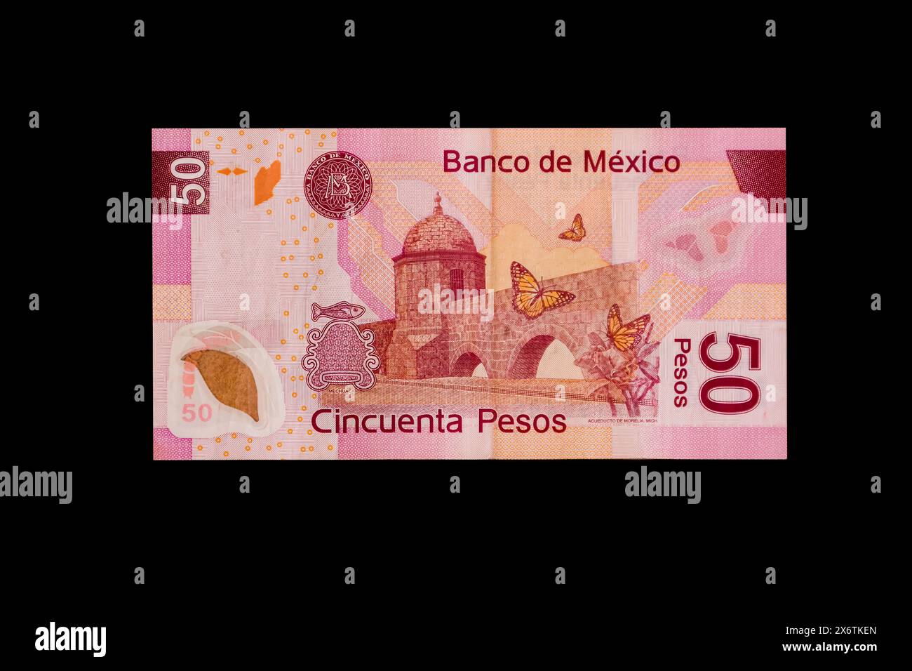 Le Mexique, l'Amérique du Nord. Billet de 50 pesos, montrant l'aqueduc de Morelia, Michoacan state, sur le côté arrière. Banque D'Images