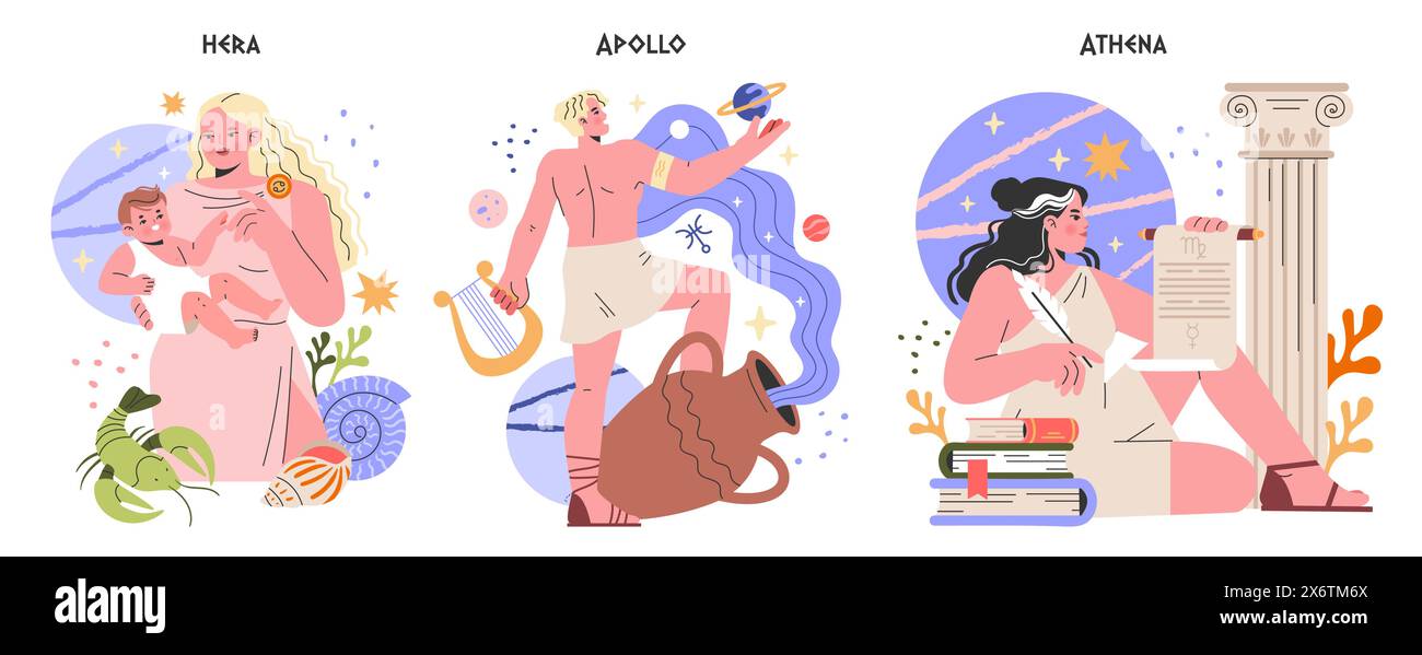 Ensemble dieux grecs anciens. Divinités mythologiques Héra, Apollon et Athéna dans une illustration moderne. Panthéon, musique, sagesse et thèmes de maternité. Illustration vectorielle. Illustration de Vecteur