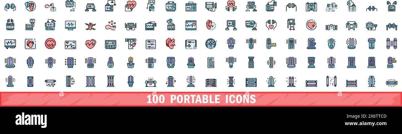 jeu de 100 icônes portables. Ensemble de lignes de couleur d'icônes vectorielles portables couleur de ligne mince plat sur blanc Illustration de Vecteur