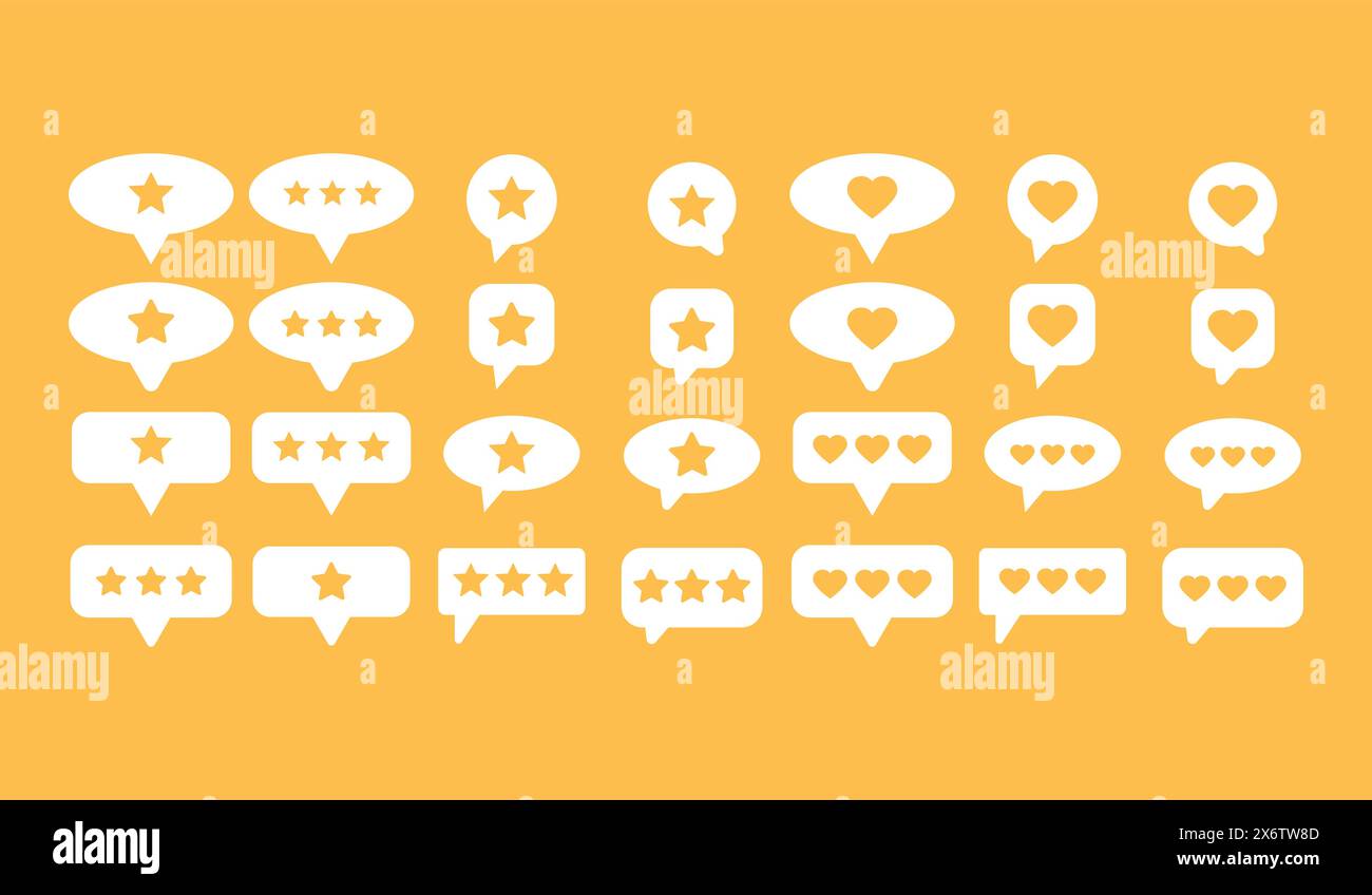 Ensemble de symboles d'avis client. Rétroaction et communication, étoiles de notation et coeurs de bouton comme dans différentes bulles de discours sur fond jaune. Vect Illustration de Vecteur Ensemble de symboles d'avis client. Rétroaction et communication, étoiles de notation et coeurs de bouton comme dans différentes bulles de discours sur fond jaune. Vect Illustration de Vecteur