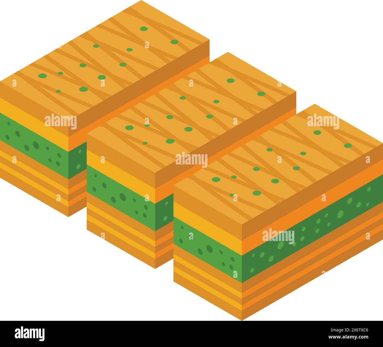 Conception vectorielle isométrique vibrante de baklava traditionnel avec des couches et une garniture de pistache Illustration de Vecteur