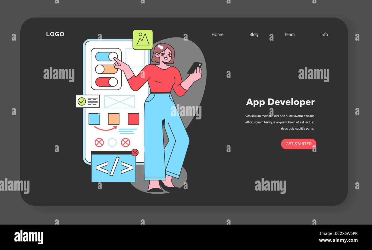 Un développeur d'applications puise dans la technologie pour créer des applications mobiles engageantes, mettant en valeur l'esprit innovant du développement logiciel à l'ère numérique. Illustration de Vecteur