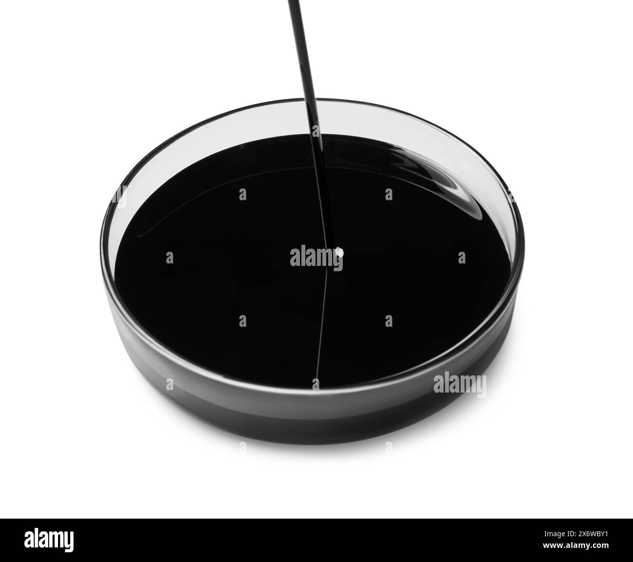 Verser du pétrole brut noir dans la boîte de Petri sur fond blanc Banque D'Images