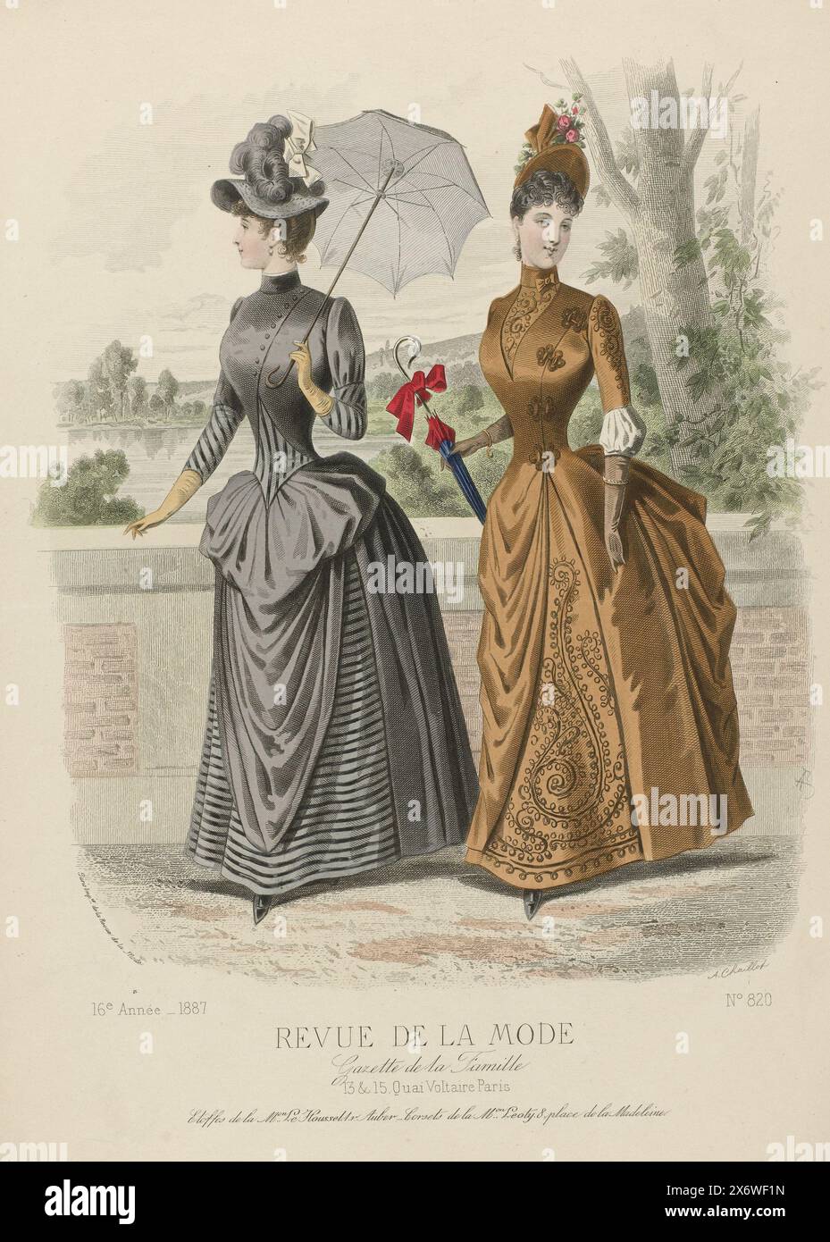 Revue de la mode, Gazette de la famille, dimanche 18 septembre 1887, 16e année, no 820 : Etoffes de la M.on le Houssel (...), deux femmes marchent le long d'une balustrade, un lac en arrière-plan. A gauche : 'toilette' de laine grise et laine rayée en gris et gris clair. Corsage avec enveloppement au niveau du cou, ouvert en bas sur un cardigan rayé vertical. Chapeau assorti et parasol. A droite : 'toilette' de faille jaune doré brodé de chenille et passementerie assortie. 'Tunique princesse' de faille simple ; corsage avec fermeture sur le côté gauche au moyen de quatre 'agrafes'. Plastron en forme de V avec le Banque D'Images