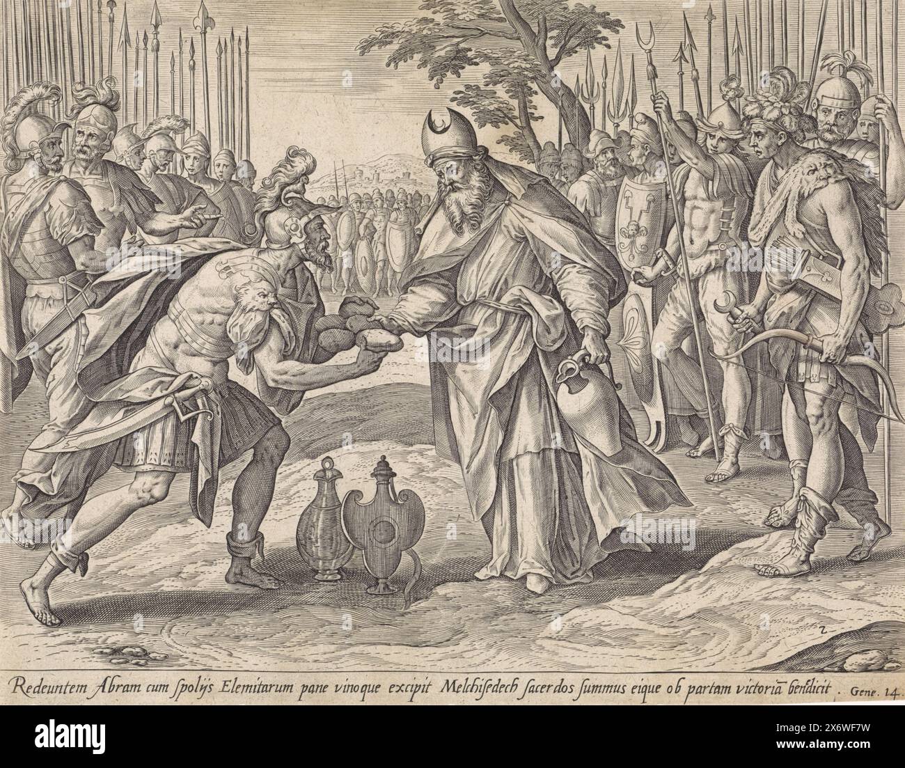 Rencontre d'Abraham avec Melchizédek, histoire d'Abraham (titre de la série), Theatrum biblicum (...) (titre de la série), Melchizédek, le grand prêtre et roi de Salem (Jérusalem), donne à Abraham du pain et une cruche de vin. Abraham, vêtu d’armures et portant un casque sur la tête, accepte le pain, tandis que ses soldats se tiennent derrière lui. Derrière Melchizédek se trouve son armée. Ci-dessous la scène est une référence en latin au texte de la Bible dans Gen. 14., imprimé, imprimeur : Adriaen Collaert, (attribué à), après conception par : Maerten de vos, éditeur : Claes Jansz. Visscher (II), Amsterdam, 1585 et/ou 1643, papier Banque D'Images