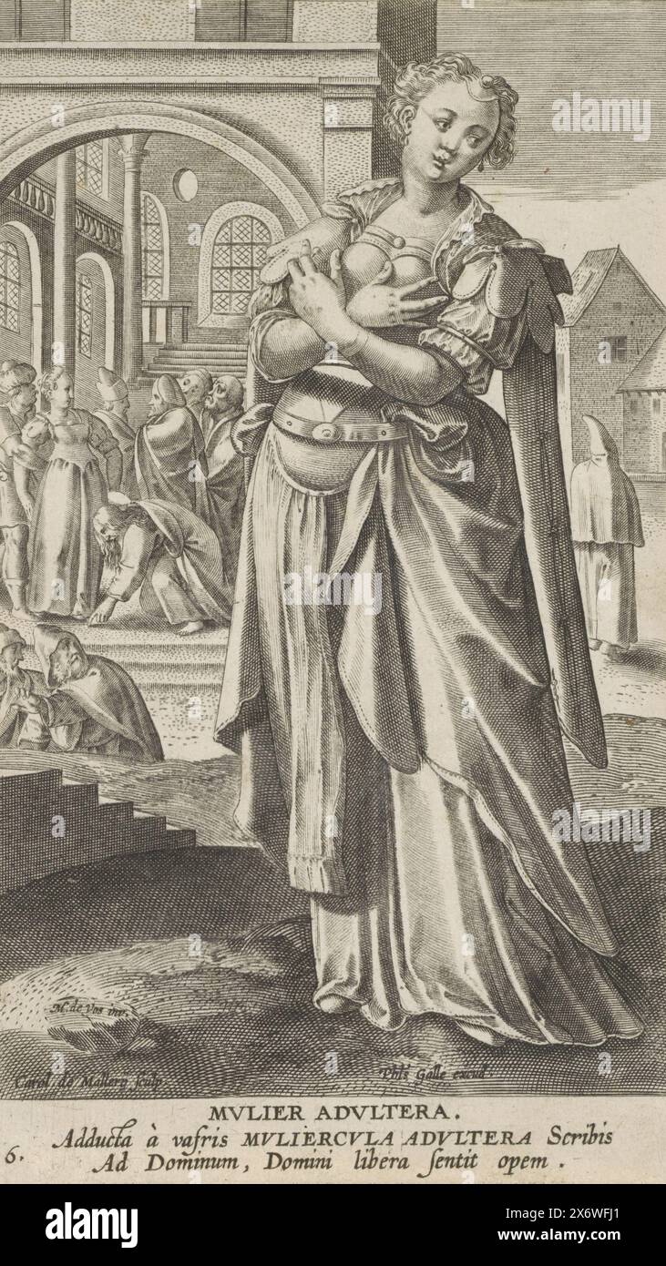 Adultère, Mulier Adultera (titre sur objet), femmes célèbres du Nouveau Testament (titre de la série), Icones Illvstrivm Feminarvm Novi Testamenti (titre de la série), au premier plan L'adultère. En arrière-plan, les pharisiens amènent une femme adultère au Christ dans le temple. Christ écrit avec son doigt sur le sol. L'estampe a une légende latine et fait partie d'une série d'estampes avec des femmes célèbres du Nouveau Testament., estampe, imprimeur : Karel van Mallery, (mentionné sur l'objet), après conception par : Maerten de vos, (attribution rejetée), éditeur : Philips Galle, (mentionné sur l'objet Banque D'Images