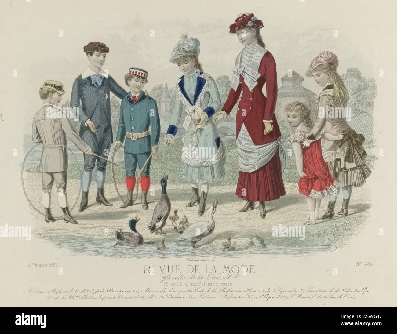 Revue de la mode, Gazette de la famille, dimanche 8 mai 1881, 10e année, No 488 : costumes d'enfants (...), sept costumes différents pour garçons et filles, selon la légende de l'entrepôt anglais. De gauche à droite (1 à 7) : 1. Costume pour un garçon de sept ans, composé d'un short et d'une blouse. Chapeau de paille décoré d'un ruban. 2. Costume de tissu bleu pour un garçon de douze ans. 3. Costume de tissu vert pour un garçon de huit ans. Ceinture en cuir jaune. Casquette verte avec bande écossaise à carreaux. 4.'toilette' pour une fille âgée de onze à douze ans. 'Robe anglaise' de laine bleue. 5. 'Toilette Banque D'Images