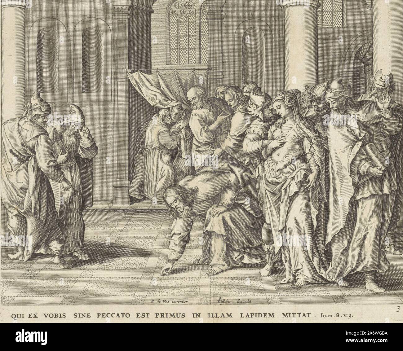 Christ et la femme pris en adultère, événements dans et autour du temple (titre de la série), Theatrum biblicum (titre de la série), dans le temple, les Pharisiens apportent une femme prise en adultère au Christ. Les pharisiens demandent ce que Christ pense de la loi de Moïse en disant que de telles femmes devraient être lapidées. Le Christ écrit avec son doigt sur le sol : celui qui est sans péché doit jeter la première pierre. En dessous de la scène une référence en latin au texte de la Bible en Joh. 8:3., impression, imprimeur : anonyme, après impression par : Jan-Baptist Barbé, après conception par : Maerten de vos, (mentionné sur l'objet), Amsterdam, 1643 Banque D'Images