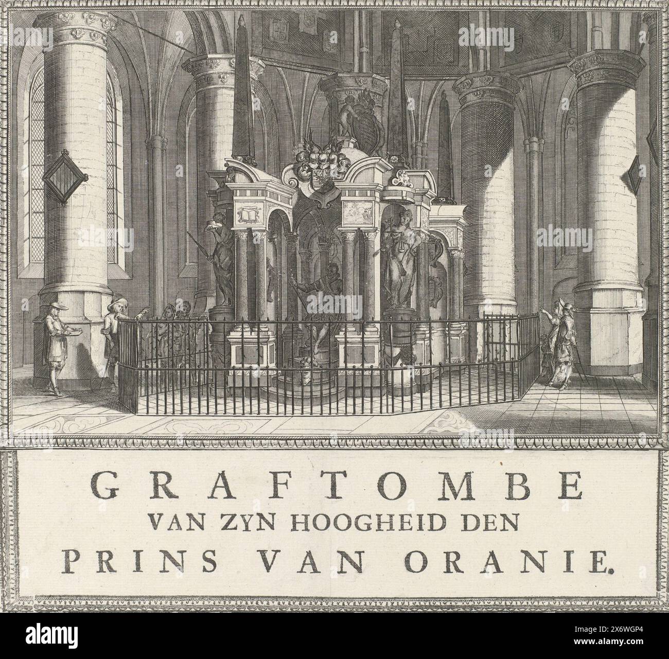 Tombe de Willem Ier, Prince d'Orange, 1623, tombe de son Altesse le Prince d'Oranie (titre sur objet), tombe ou mausolée de Willem Ier dans le Nieuwe Kerk à Delft, achevé en 1623. Vu de face avec l'image du prince assis. Avec le cadre et un titre imprimé séparément au bas de l'image., impression, imprimeur : anonyme, pays bas, 1700 - 1799, papier, gravure, typographie, hauteur, 253 mm × largeur, 278 mm Banque D'Images