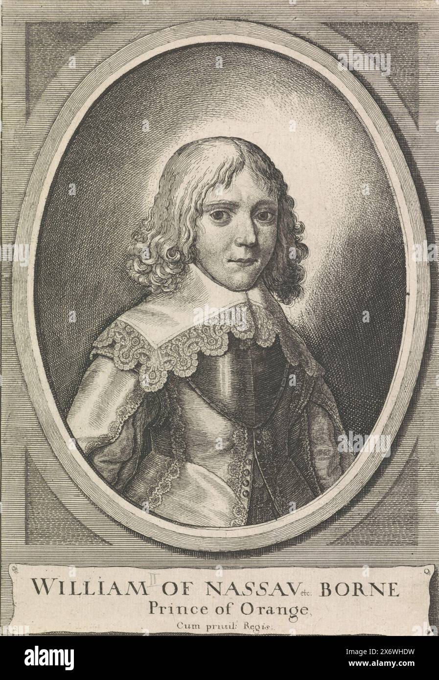 Portrait de Guillaume II, Prince d'Orange, Portrait de Guillaume II dans un ovale. Son nom dans un cartouche., impression, imprimeur : anonyme, imprimeur : Peter stent, éditeur : Peter stent, imprimeur : Low Countries, imprimeur : London, éditeur : London, 1640 - 1667, papier, gravure, gravure, hauteur, 214 mm × largeur, 153 mm Banque D'Images