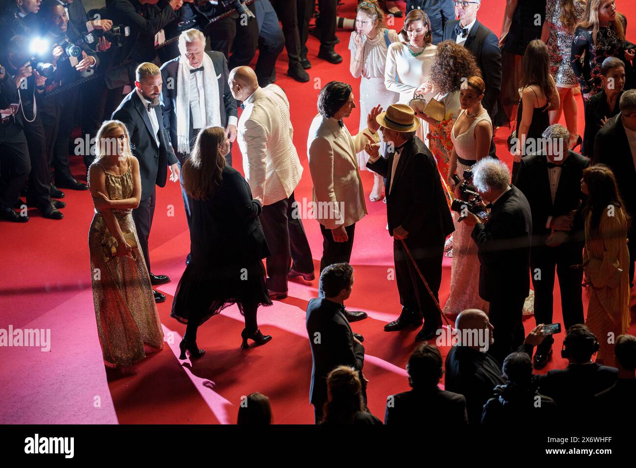 Shia LaBeouf, from left, Jon Voight, Laurence Fishburne, Adam Driver and director Francis Ford Coppola depart from the premiere of the film 'Megalopolis' at the 77th international film festival, Cannes, southern France, Thursday, May 16, 2024. (Photo by Andreea Alexandru/Invision/AP) Banque D'Images