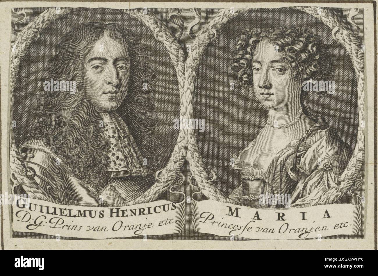 Portraits de Guillaume III, Prince d'Orange, et de Marie II Stuart, portraits de Guillaume III et Marie II I. chacun dans un ovale de feuilles de laurier avec leurs noms et titres dans un cartouche., estampe, imprimeur : anonyme, pays-Bas, 1688 - 1749, papier, gravure, gravure, hauteur, 80 mm × largeur, 121 mm Banque D'Images