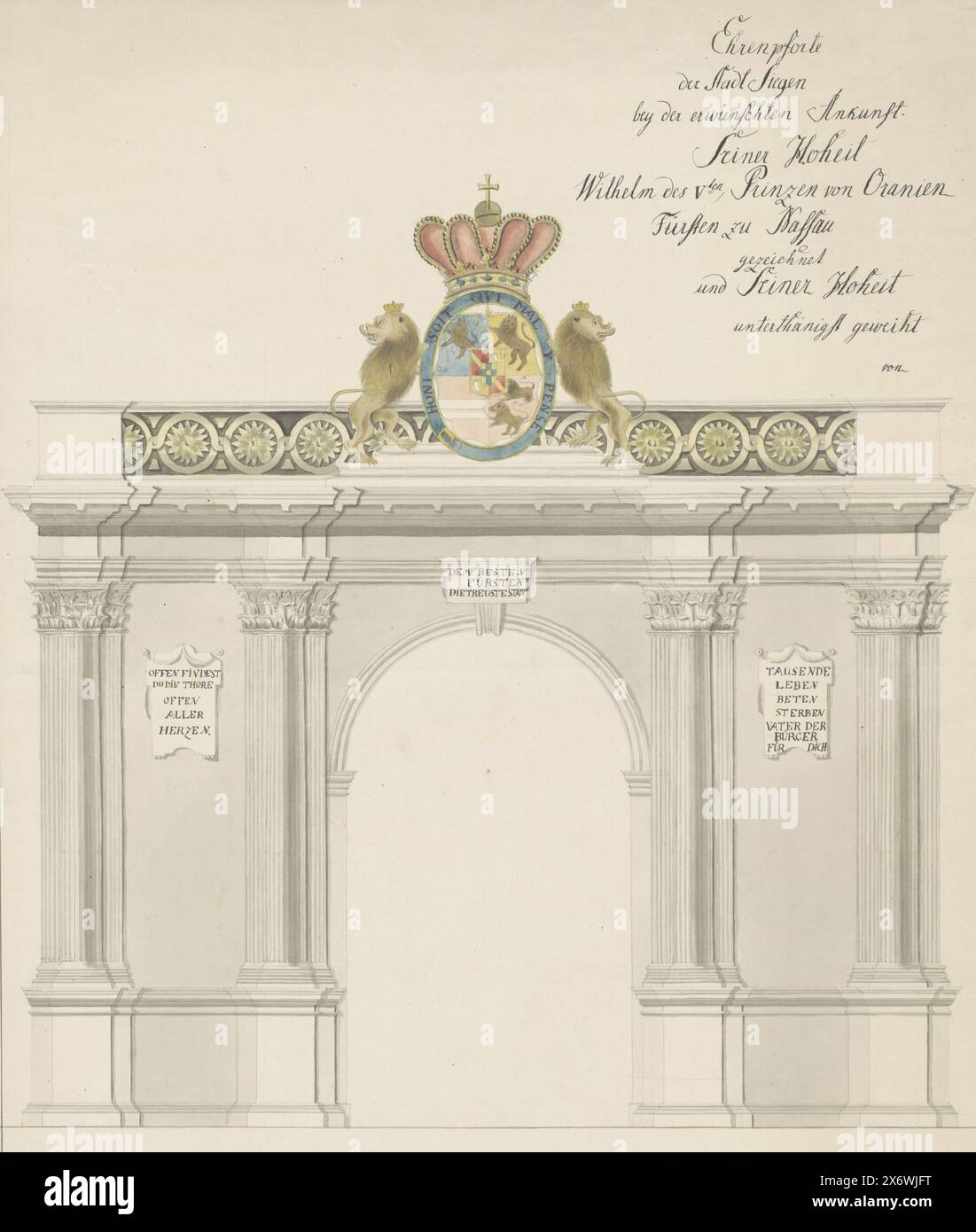 Porte triomphale avec les armoiries de Guillaume V, Prince d'Orange-Nassau, porte triomphale avec les armoiries de Willem V avec une couronne et deux lions, décorée de la jarretière et de la devise de l'ordre de la jarretière. Il y a trois papiers avec du texte allemand sur la porte. Lignes de texte allemand dans la marge supérieure., dessin, dessinateur : Friedrich Hartung, (mentionné sur l'objet), Allemagne, (éventuellement), 1800 - 1899, papier, hauteur, 627 mm × largeur, 467 mm Banque D'Images