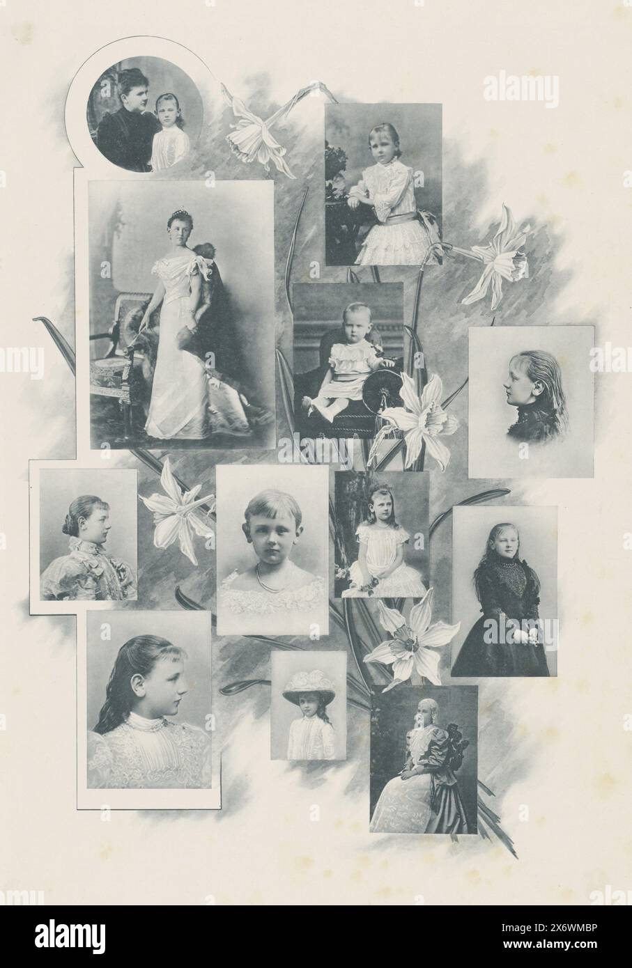 Portraits de Wilhelmine, reine des pays-Bas, et Emma, reine régente des pays-Bas, portraits de Wilhelmine et Emma, chacun dans un rectangle. Jonquilles en arrière-plan., impression photomécanique, fabricant : anonyme, après dessin par : anonyme, après photo par : Richard Kameke, pays-Bas, 1897 - 1899, papier, collotype, hauteur, 500 mm × largeur, 349 mm Banque D'Images