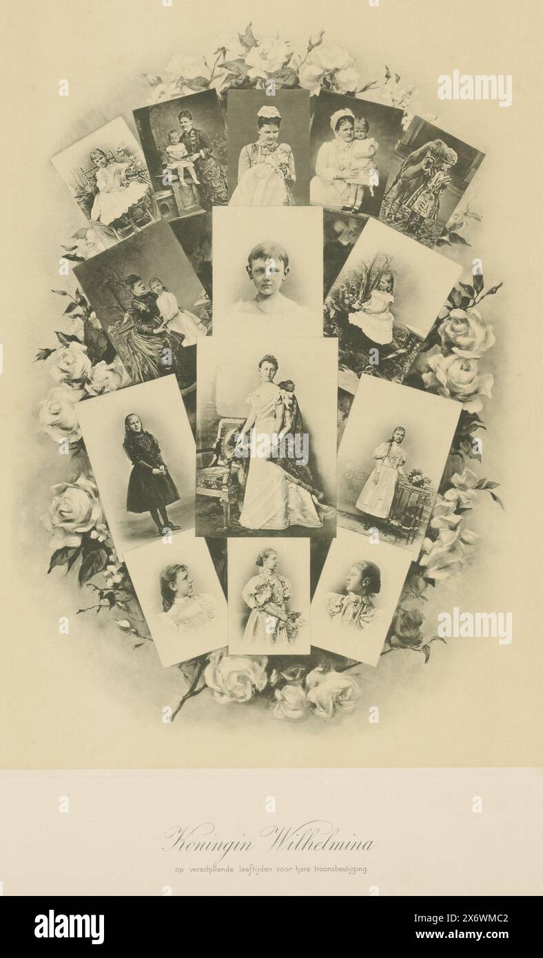 Portraits de Wilhelmine, reine des pays-Bas, et Emma, reine régente des pays-Bas, portraits de Wilhelmine et Emma, chacun dans un rectangle. Roses en arrière-plan. Deux lignes de texte néerlandais dans la marge inférieure., impression photomécanique, fabricant : anonyme, après dessin par : anonyme, après photo par : Richard Kameke, pays-Bas, 1897 - 1899, papier, collotype, hauteur, 495 mm × largeur, 357 mm Banque D'Images