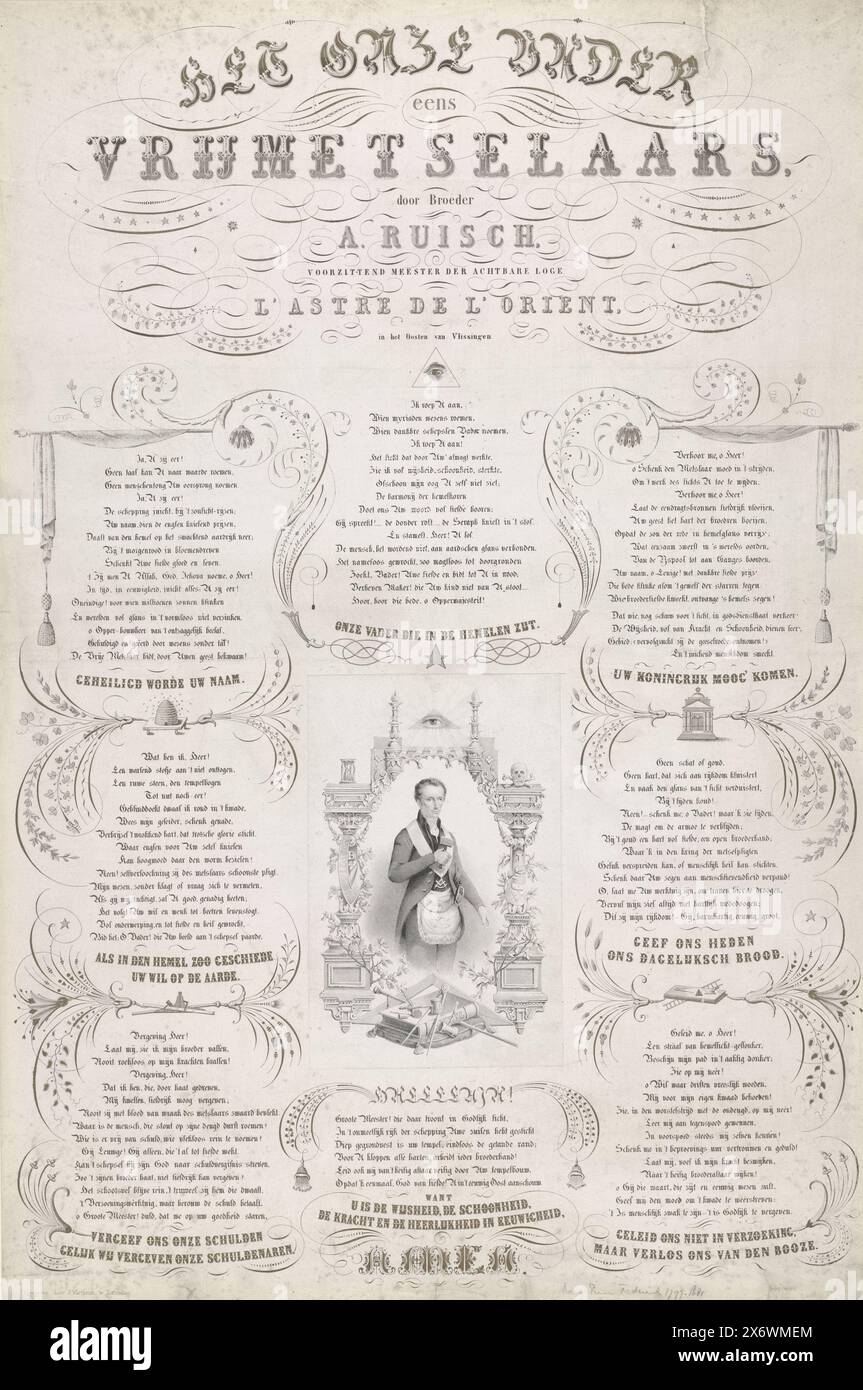 Portrait de Frederik, Prince des pays-Bas, la prière du Seigneur une fois franc-maçon (titre sur objet), Portrait de Frederik en tant que Grand Maître des francs-maçons dans un ovale d'objets allégoriques, y compris une boussole et un carré. Un marteau dans sa main droite. Autour de lui se trouvent sept colonnes avec du texte néerlandais., impression, imprimeur : anonyme, A. Ruisch, (mentionné sur l'objet), Editeur : Joseph Vürtheim, (mentionné sur l'objet), imprimeur : pays-Bas, éditeur : Rotterdam, 1823 - 1900, papier, hauteur, 744 mm × largeur, 496 mm Banque D'Images