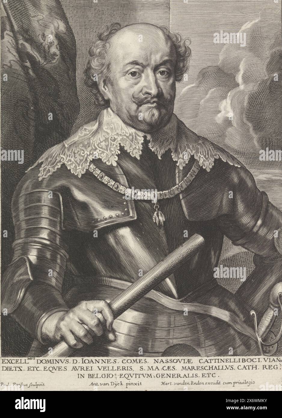 Portrait de Jean VIII, comte de Nassau-Siegen, Portrait de Jean VIII dans sa main droite un état-major de commandement. Trois lignes de texte latin dans la marge inférieure., estampe, imprimeur : Paulus Pontius, (mentionné sur l'objet), après peinture par : Anthony van Dyck, (mentionné sur l'objet), éditeur : Martinus van den Enden (I), (mentionné sur l'objet), Anvers, 1630 - 1654, papier, gravure, gravure, hauteur, 242 mm × largeur, 177 mm Banque D'Images