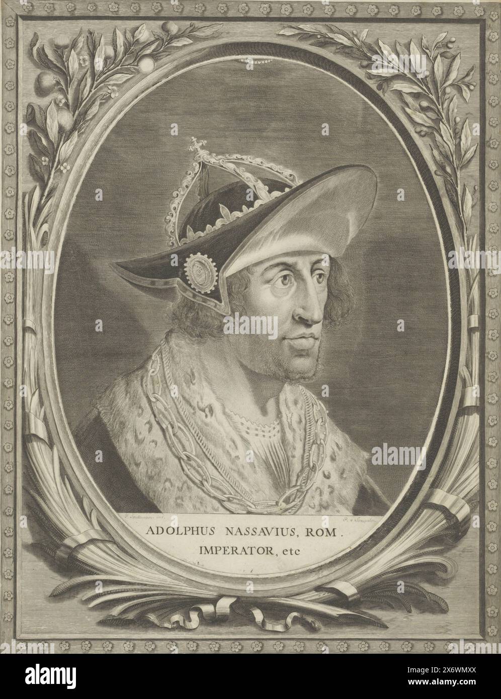 Portrait d'Adolphe, comte de Nassau et roi germanique, comites Nassoviae (titre de la série), Portrait d'Adolphe. Dans une boîte se trouvent le nom et les titres. Entièrement dans un cadre ovale gravé séparément avec branches et rubans., imprimeur : Pieter van Sompel, imprimeur : anonyme, éditeur : Adriaen Schoonebeek, (mentionné sur l'objet), imprimeur : Low Countries, imprimeur : Low Countries, éditeur : Amsterdam, 1689, papier, gravure, gravure, hauteur, 462 mm × largeur, 348 mm Banque D'Images