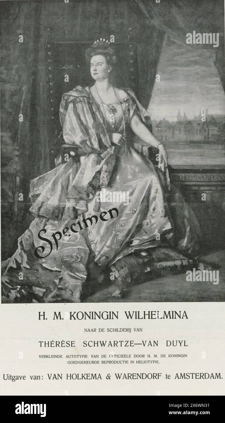 Bon de commande pour le portrait de Wilhelmine, Reine des pays-Bas, bon de commande pour le portrait de Wilhelmine. Elle est assise sur une chaise avec une vue vers la droite. Son nom et son titre dans la marge inférieure. Au milieu 'spécimen'., empreinte photomécanique, fabricant : anonyme, après peinture par : Thérèse Schwartze, (mentionné sur l'objet), éditeur : Van Holkema & Warendorf, (mentionné sur l'objet), fabricant : pays-Bas, éditeur : Amsterdam, 1898 - 1949, papier, hauteur, 457 mm × largeur, 295 mm Banque D'Images