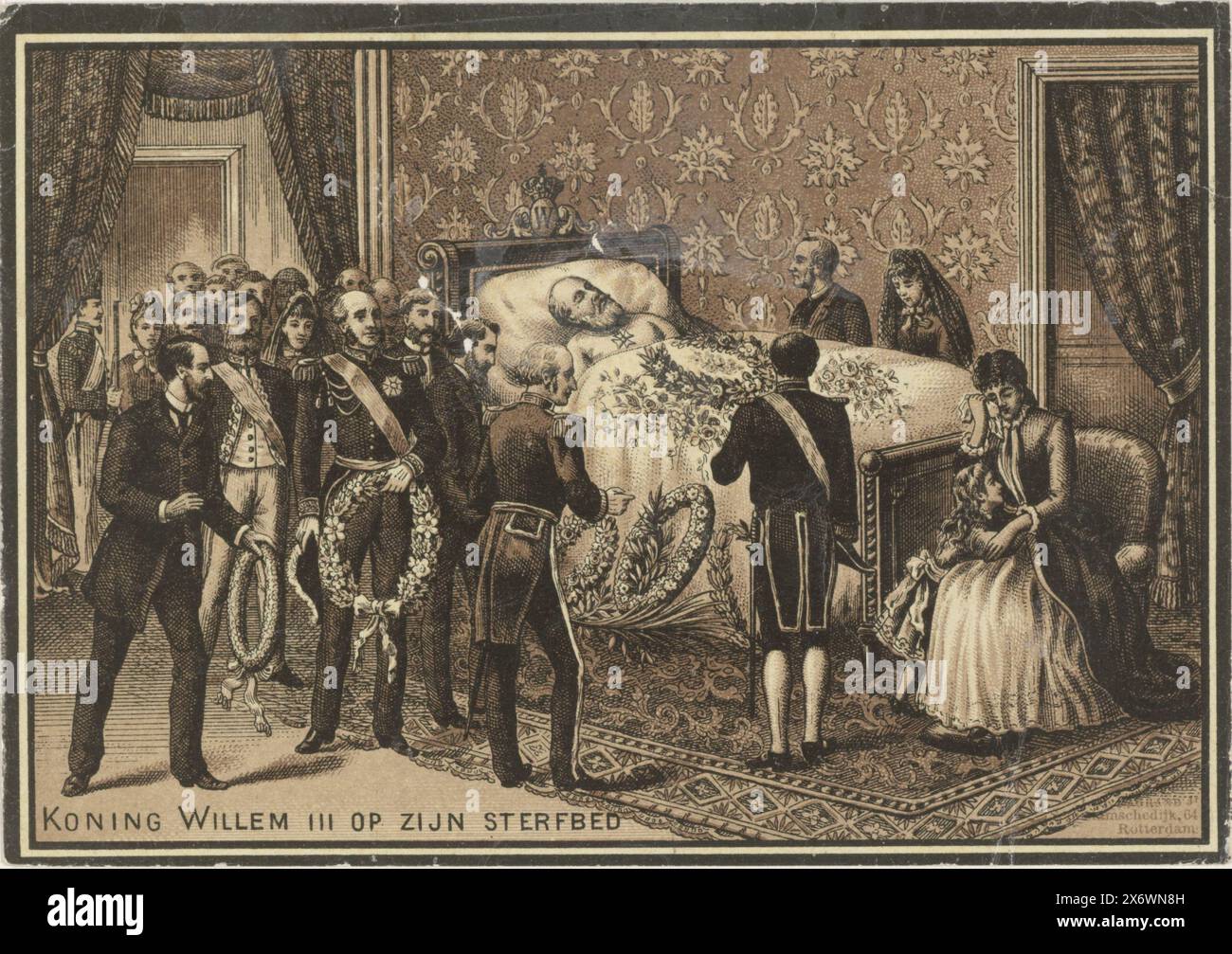 Lit de mort de Willem III, roi des pays-Bas, lit de mort de Willem III au palais Noordeinde à la Haye le 23 novembre 1890. Ci-dessous une ligne de texte néerlandais., imprimeur, imprimeur : anonyme, éditeur : J.H. la Grand jr., (mentionné sur l'objet), imprimeur : pays-Bas, éditeur : Rotterdam, 1890 - 1892, papier, hauteur, 111 mm × largeur, 158 mm Banque D'Images