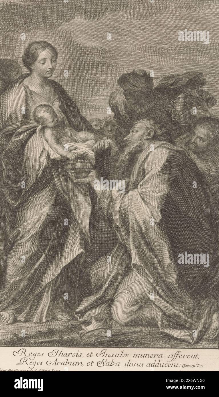 Adoration des Rois, avec légende en latin., estampe, imprimeur : Jakob Frey (I), (mentionné sur l'objet), après dessin par : Jakob Frey (I), (mentionné sur l'objet), après peinture par : Carlo Maratta, (mentionné sur l'objet), Rome, 1736, papier, gravure, hauteur, 423 mm × largeur, 260 mm Banque D'Images