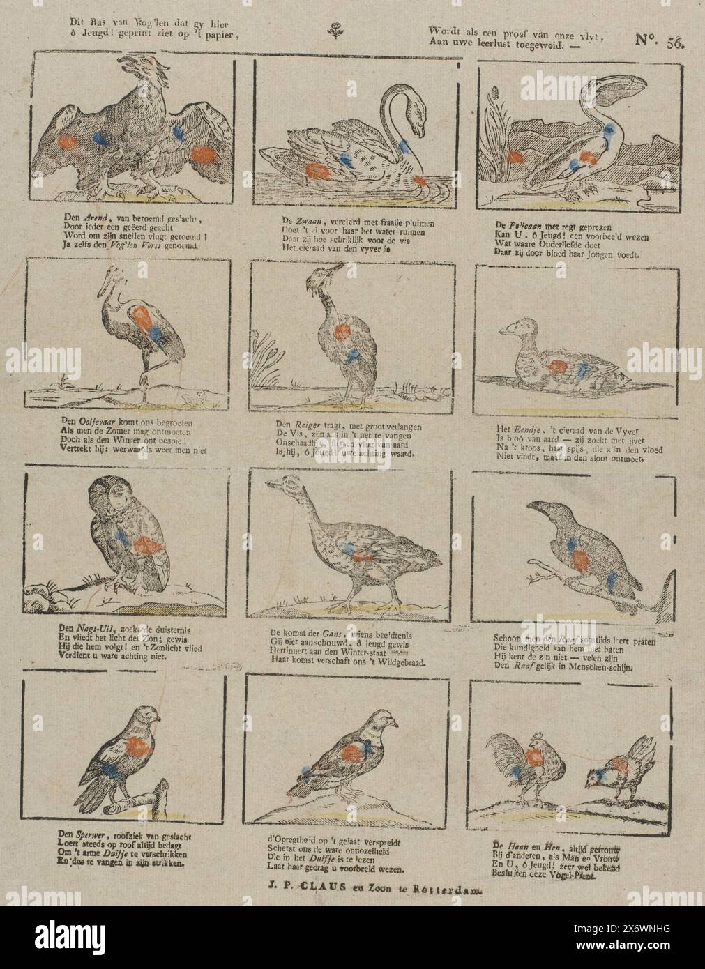 Cette race d'oiseaux que vous ici, ô jeunesse! Imprimé sur le papier, sera, comme un test de notre passion, dédié à votre désir d'apprendre (titre sur objet), feuille avec 12 représentations d'oiseaux, comme un cygne, un hibou et une colombe. Sous chaque image un verset de quatre lignes. Numéroté en haut à droite : No. 56., print, J.P. Claus & Zoon, (mentionné sur l'objet), éditeur : W. van Bergen, graveur : Anonymous, Rotterdam, éditeur : Breda, 1862 - 1905, papier, impression typographique, hauteur, 398 mm × largeur, 332 mm Banque D'Images