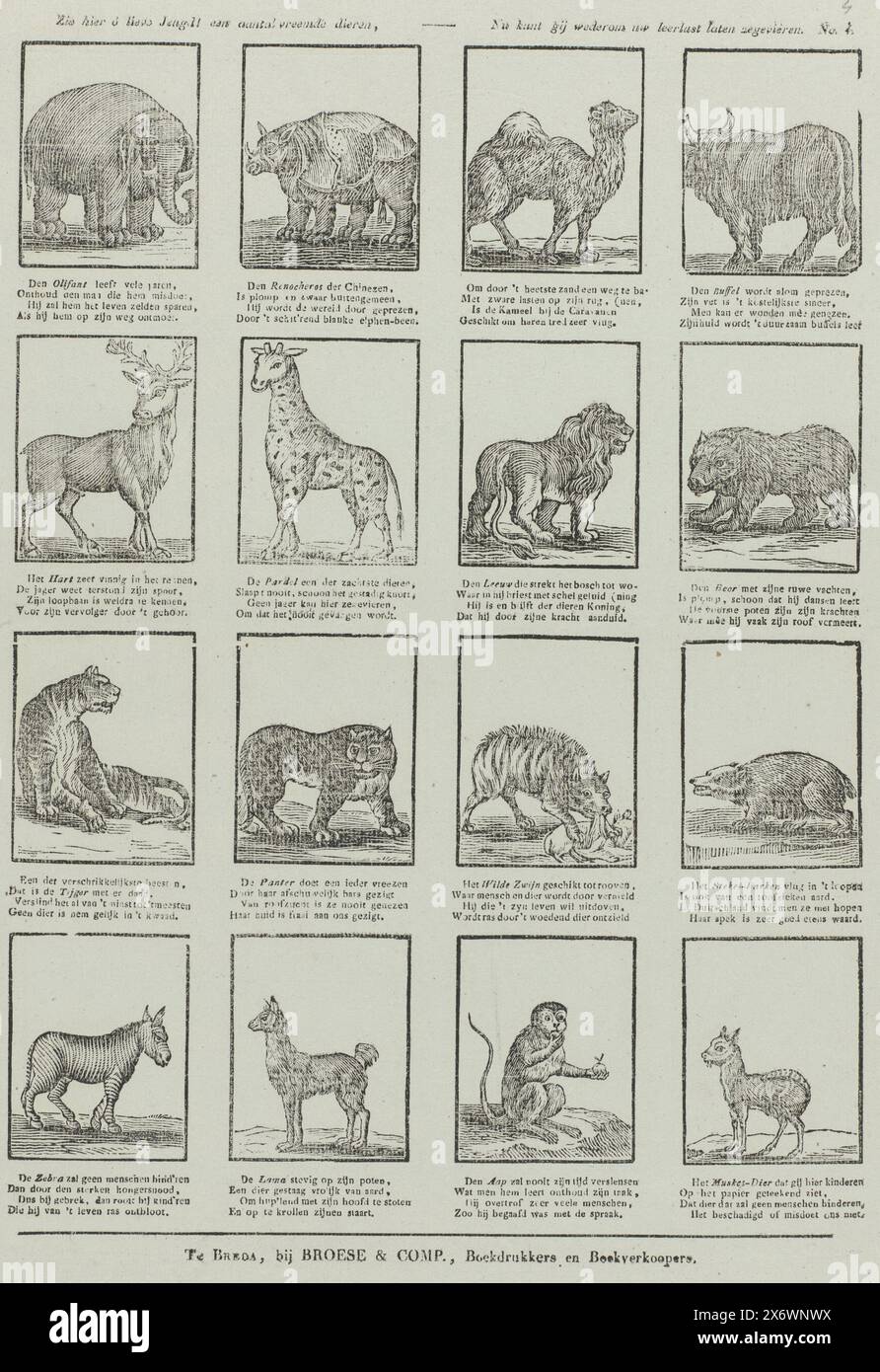 Voici, chers jeunes! Un certain nombre d'animaux étranges, - maintenant vous pouvez encore une fois laisser votre désir d'apprendre triomphe (titre sur l'objet), feuille avec 16 représentations d'animaux sauvages, y compris un rhinocéros, un chameau, une girafe et un singe. Un verset de quatre lignes sous chaque représentation. Numéroté en haut à droite : No. 4., impression, éditeur : Broese & Comp., (mentionné sur l'objet), imprimeur : Anonymous, Breda, 1828 - 1853, papier, impression typographique, hauteur, 417 mm × largeur, 329 mm Banque D'Images