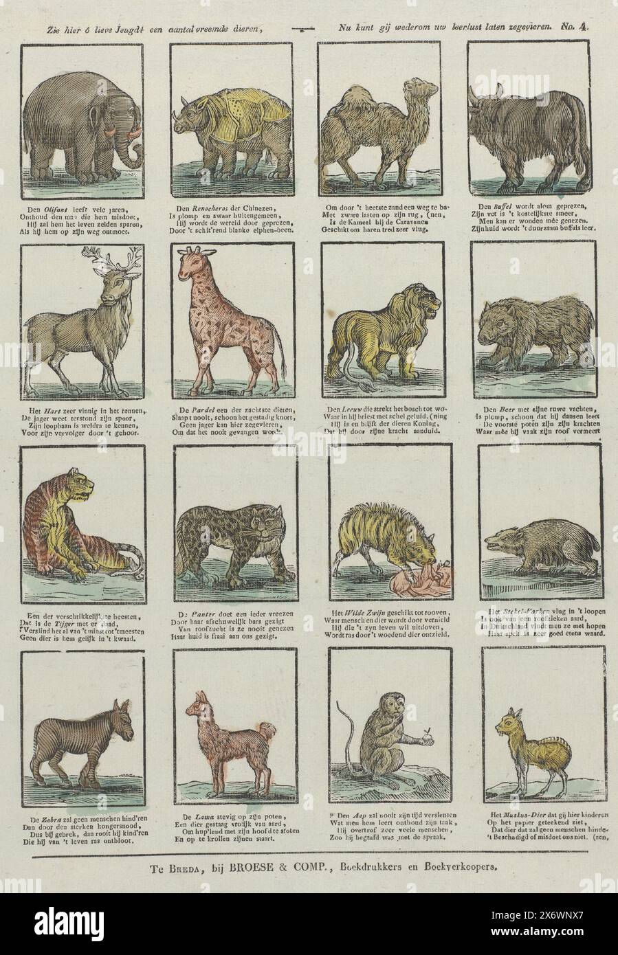 Voici, chers jeunes! Un certain nombre d'animaux étranges, - maintenant vous pouvez encore une fois laisser votre désir d'apprendre triomphe (titre sur l'objet), feuille avec 16 représentations d'animaux sauvages, tels qu'un rhinocéros, un chameau, une girafe et un singe. Un verset de quatre lignes sous chaque représentation. Numéroté en haut à droite : No. 4., impression, éditeur : Broese & Comp., (mentionné sur l'objet), imprimeur : Anonymous, Breda, 1828 - 1853, papier, impression typographique, hauteur, 420 mm × largeur, 333 mm Banque D'Images