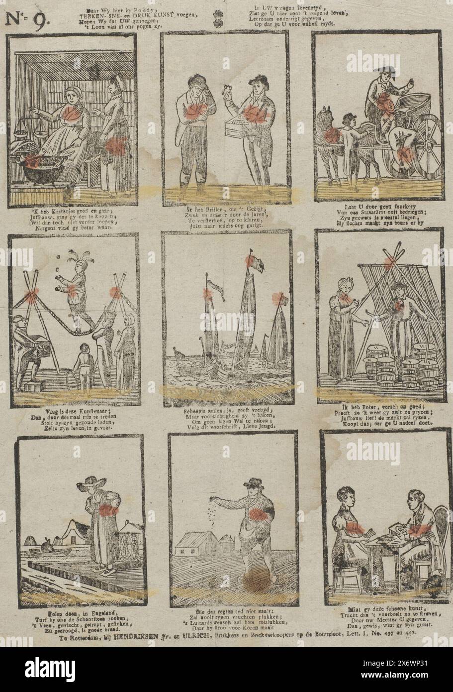 Puisque nous ajoutons ici à la poésie, Teekensny- et Druk Kunst (...) (titre sur l'objet), feuille avec 9 représentations de professions, de gens de foire et de navires, tels qu'un vendeur de lunettes, un marcheur de corde raide et un fermier. Sous chaque image un verset de quatre lignes. Numéroté en haut à gauche : no 9., impression, éditeur : Hendriksen junior & Ulrich, (mentionné sur l'objet), imprimeur : Alexander Cranendoncq, (mentionné sur l'objet), Rotterdam, 1816 - 1818, papier, typographie, hauteur, 399 mm × largeur, 330 mm Banque D'Images