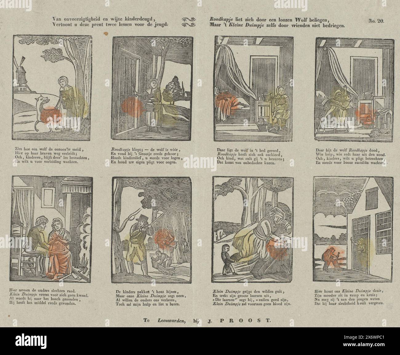 De l'insouciance et de la vertu sage de l'enfance, cette image montre deux leçons pour les jeunes. Little Red Riding Hood a été trompé par un loup insensé, mais Little Thumb n'est pas trompé même par des amis (titre sur l'objet), feuille avec 8 représentations. Les quatre premières images montrent l'histoire de Little Red Riding Hood. Les quatre scènes du bas montrent le conte de fées de Tom Thumb. Sous chaque image un verset de quatre lignes. Numéroté en haut à droite : No. 20., print, Johannes Proost (uitgever), (mentionné sur l'objet), éditeur : Theodorus Johannes Wijnhoven-Hendriksen, imprimeur : Anonymous, Groningen, éditeur : Rotterdam, 1832 Banque D'Images