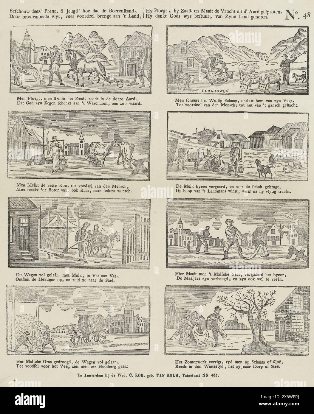 Regarde cette photo, ô jeunesse ! Comment la paysannerie, par un travail infatigable, apporte beaucoup de bénéfice à la terre, il laboure, il sème et récolte le fruit issu de la terre, il remercie Dieu pour le gouvernement sage à sa main (titre sur l'objet), feuille avec 8 représentations d'activités pour les agriculteurs, y compris labourage du champ, tondre les moutons et tondre la pelouse. Sous chaque image un verset de deux lignes. Numéroté en haut à droite : No. 48., imprimeur : Jacob Coldewijn, (mentionné sur l'objet), éditeur : weduwe C. Kok-van Kolm, (mentionné sur l'objet), imprimeur : pays-Bas, éditeur : Amsterdam, 1842 - 1866 Banque D'Images