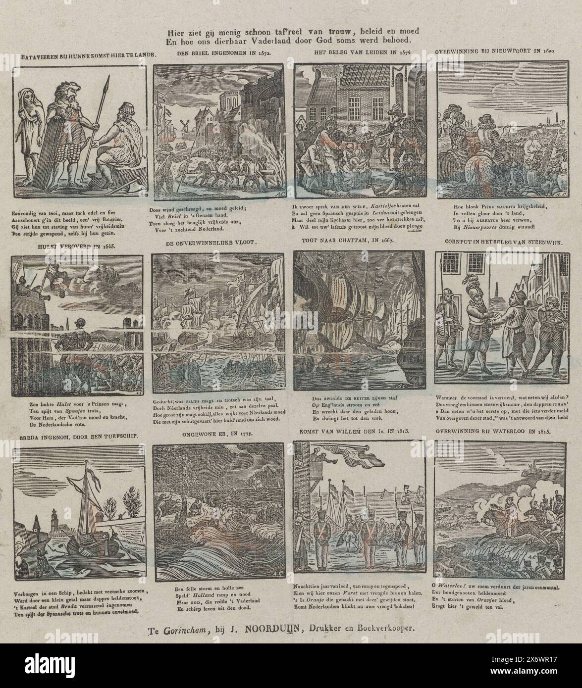 Ici vous verrez beaucoup de belles scènes de loyauté, de politique et de courage, et comment notre chère patrie a parfois été préservée par Dieu (titre sur objet), feuille avec 12 représentations d'événements de l'histoire néerlandaise, dont le siège de Leyde en 1574, la bataille de Nieuwpoort en 1600 et la bataille de Waterloo en 1815. Une légende sous chaque image, un titre au-dessus de chaque image., estampe, imprimeur : Alexander Cranendoncq, (mentionné sur l'objet), éditeur : Jacobus Noorduyn, (mentionné sur l'objet), Gorinchem, 1819 - 1840, papier, typographie, hauteur, 413 mm × largeur, 332 mm Banque D'Images