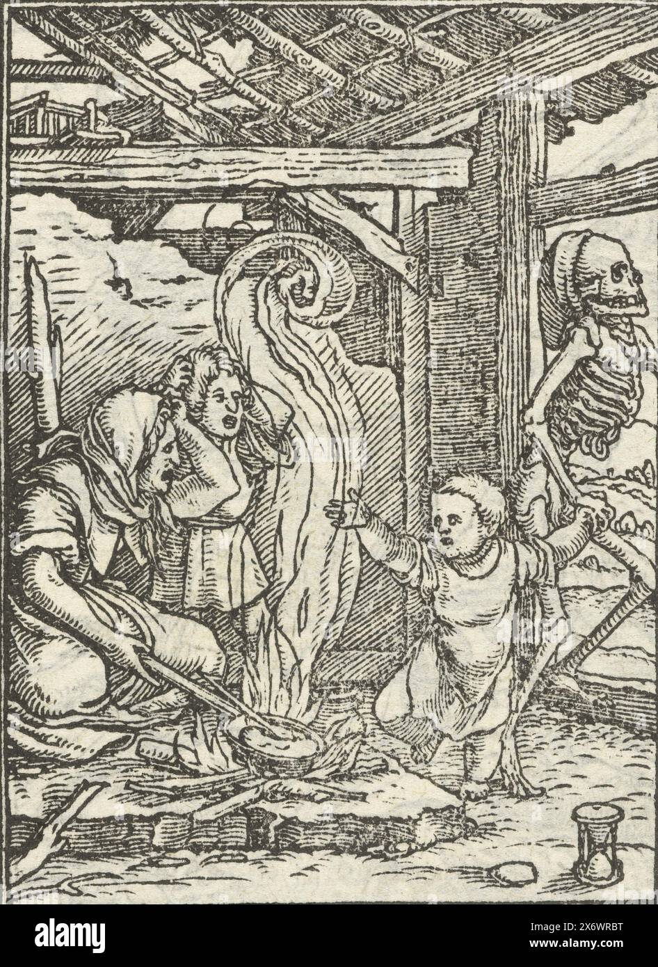 Enfant et mort, danse de la mort (titre de la série), Une mère cuisine de la nourriture sur un feu pour ses deux enfants. Elle et son fils regardent avec horreur son petit enfant emmené par la mort. Il y a un sablier sur le sol à droite. Dans la marge au-dessus de l'impression se trouve le texte Iob IIII Banque D'Images