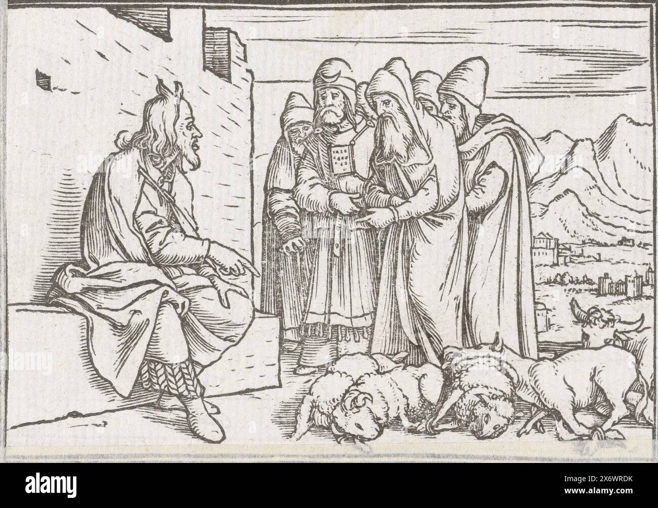 Moïse enseigne aux prêtres, Moïse enseigne aux prêtres les offrandes à Dieu dont ils peuvent manger. Moïse montre les moutons morts et le bétail couchés sur le sol à ses pieds et les prêtres écoutent son histoire. Dans la marge au-dessus de l'image est le texte Devter XVIII [Deutéronome Banque D'Images