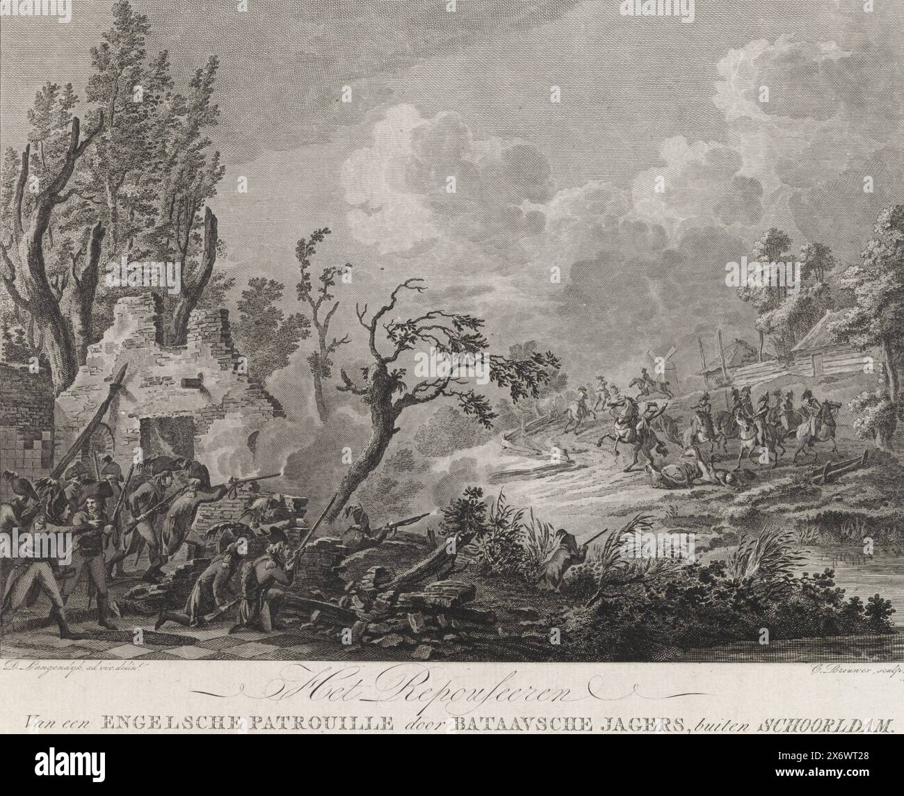 Combat à Schoorldam, 1799, le repousseering d'une patrouille anglaise par des chasseurs bataves, à l'extérieur de Schoorldam (titre sur l'objet), quatre plaques sur l'invasion anglo-russe (titre de la série), Une patrouille britannique est attaquée par des combattants bataves, près de Schoorldam, 1799. De derrière les ruines d'un bâtiment, les soldats tirent sur les cavaliers britanniques., imprimeur, imprimeur : Cornelis Brouwer, (mentionné sur l'objet), après dessin par : Dirk Langendijk, (mentionné sur l'objet), éditeur : J. Groenewoud, imprimeur : pays-Bas, après dessin par : Schoorldam, 1800 - 1802, papier, gravure, gravure, hauteur, 236 mm Banque D'Images