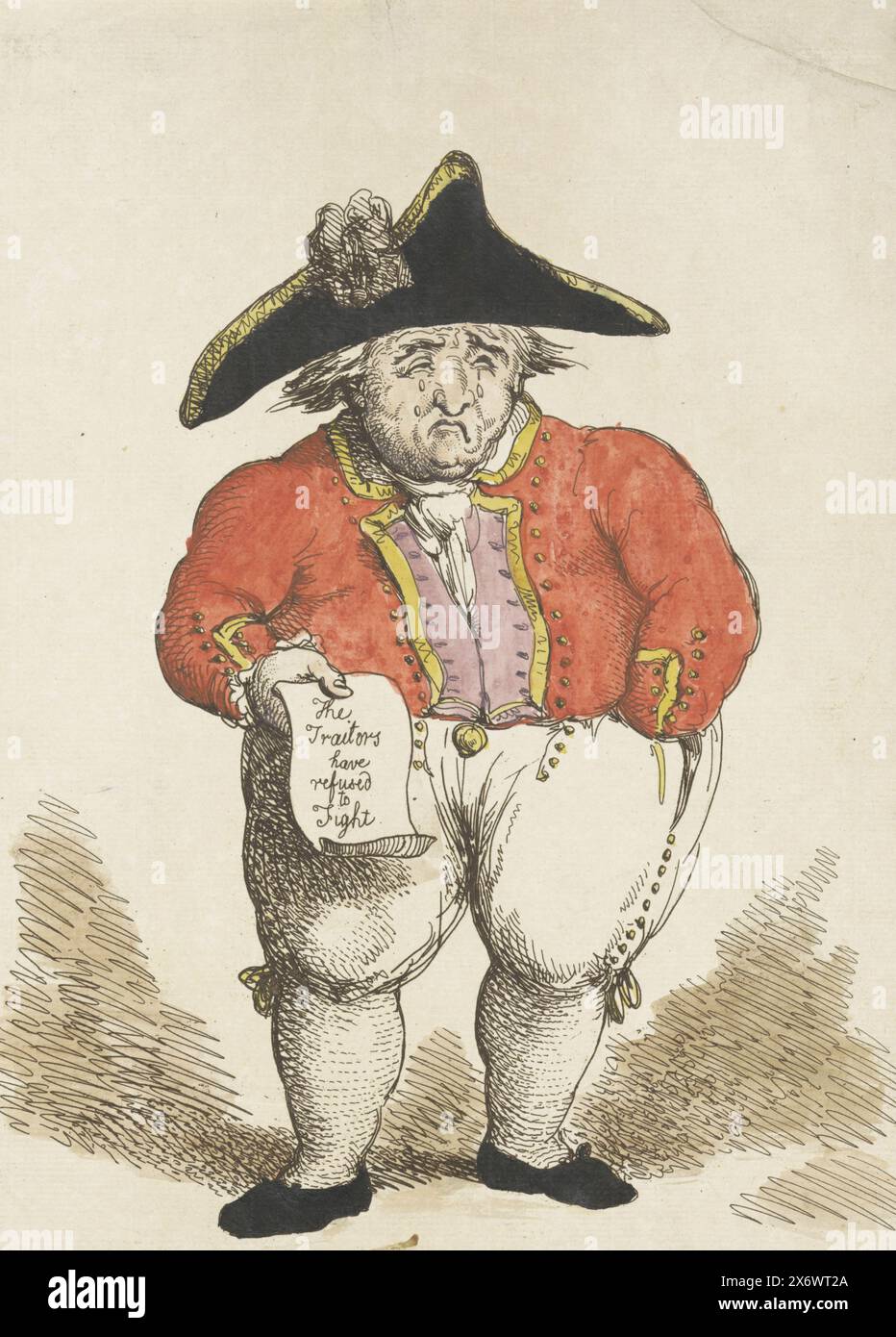 Caricature sur le contre-amiral batave Samuel Story, 1799, A Sad Storey (titre sur objet), caricature sur le contre-amiral batave Samuel Story. Story commandait l'escadron de la flotte batave qui, après une mutinerie parmi l'équipage orangiste, se rendit aux Britanniques sans tirer un coup de feu le 30 août 1799. Cet événement est connu sous le nom d'incident Vlieter. L'histoire pleurante avec un papier dans sa main droite déclarant (en anglais) que 'les traîtres ont refusé de se battre'., imprimé, imprimeur : Thomas Rowlandson, éditeur : Rudolph Ackermann, (mentionné sur l'objet), Londres, 7-Sep-1799, papier, gravure Banque D'Images