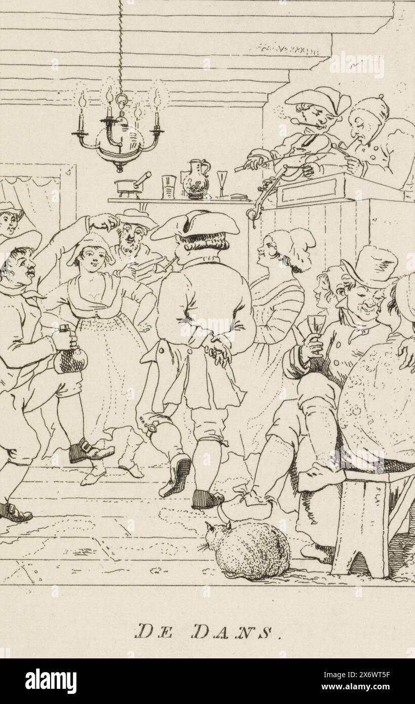Danse paysanne, la danse (titre sur objet), le monde au XIXe siècle (titre de la série), danser hommes et femmes (paysans) dans une auberge. Septième tirage d'une série de huit dans le but de fournir les contrastes entre la vie réelle à l'époque vers 1800 et le monde civilisé (beau-monde)., impression, imprimeur : Jacob Ernst Marcus, après conception par : Christiaan Josi, pays-Bas, 1803, papier, gravure, hauteur, 192 mm × largeur, 130 mm Banque D'Images